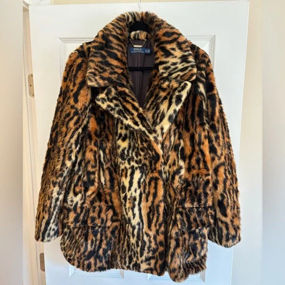 POLO RALPH LAUREN. Basically new tiger print faux fur coat, double breasted. - Picture 1 of 2